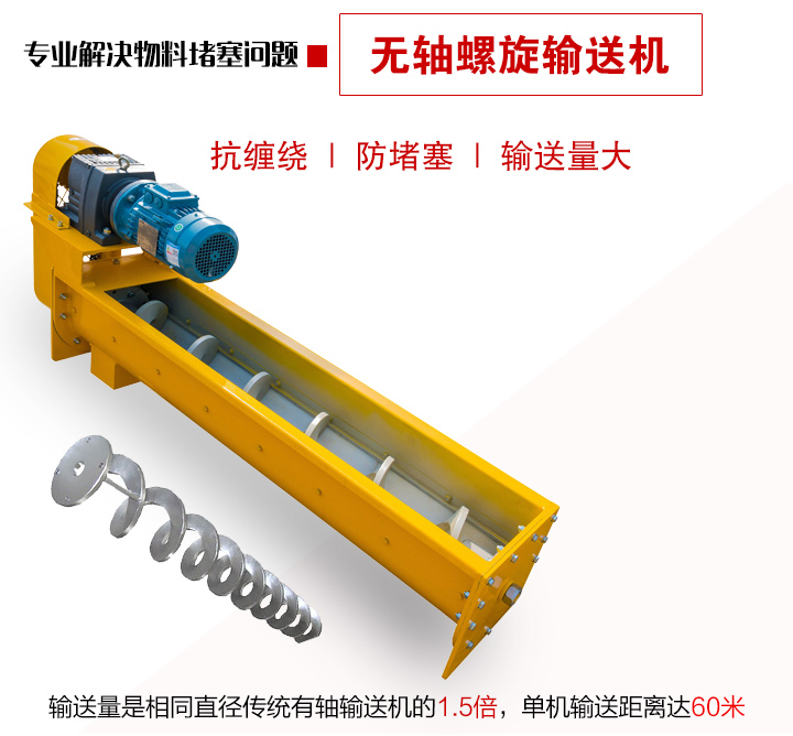 輸送量是相同直徑傳統(tǒng)有軸輸送機(jī)的1.5倍，單機(jī)輸送距離達(dá)60米